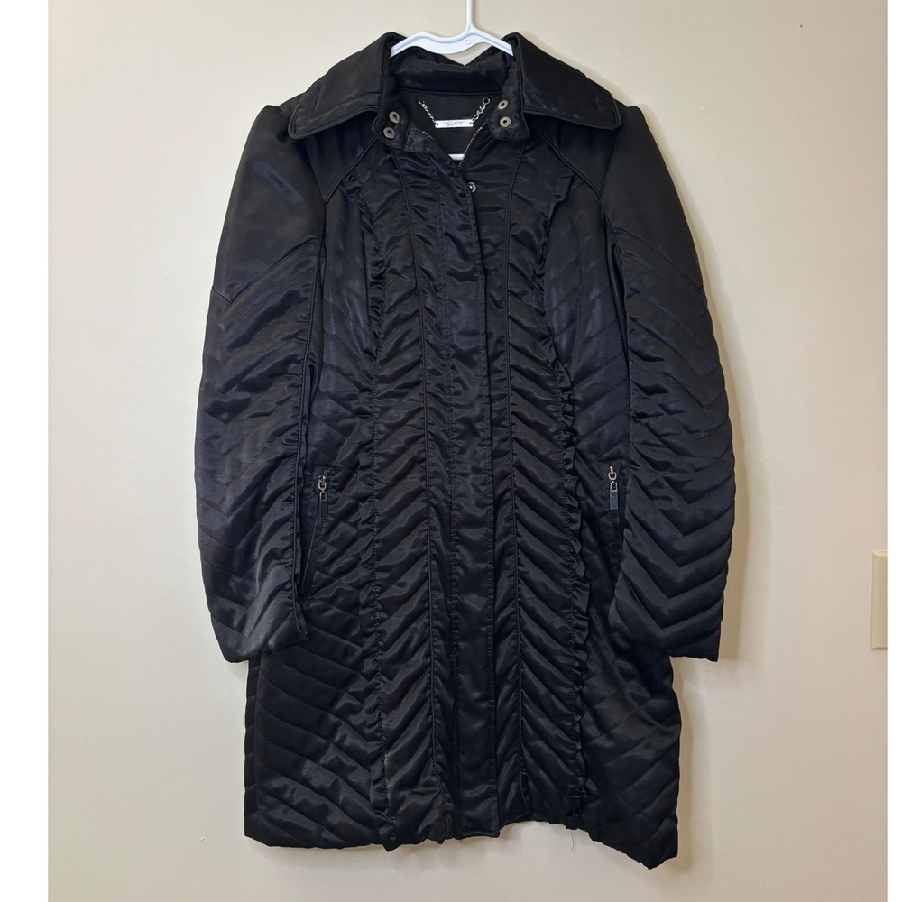 White House Black Market WHBM Black Quilted Ruffle Puffer Coat Jacket 2 No Belt